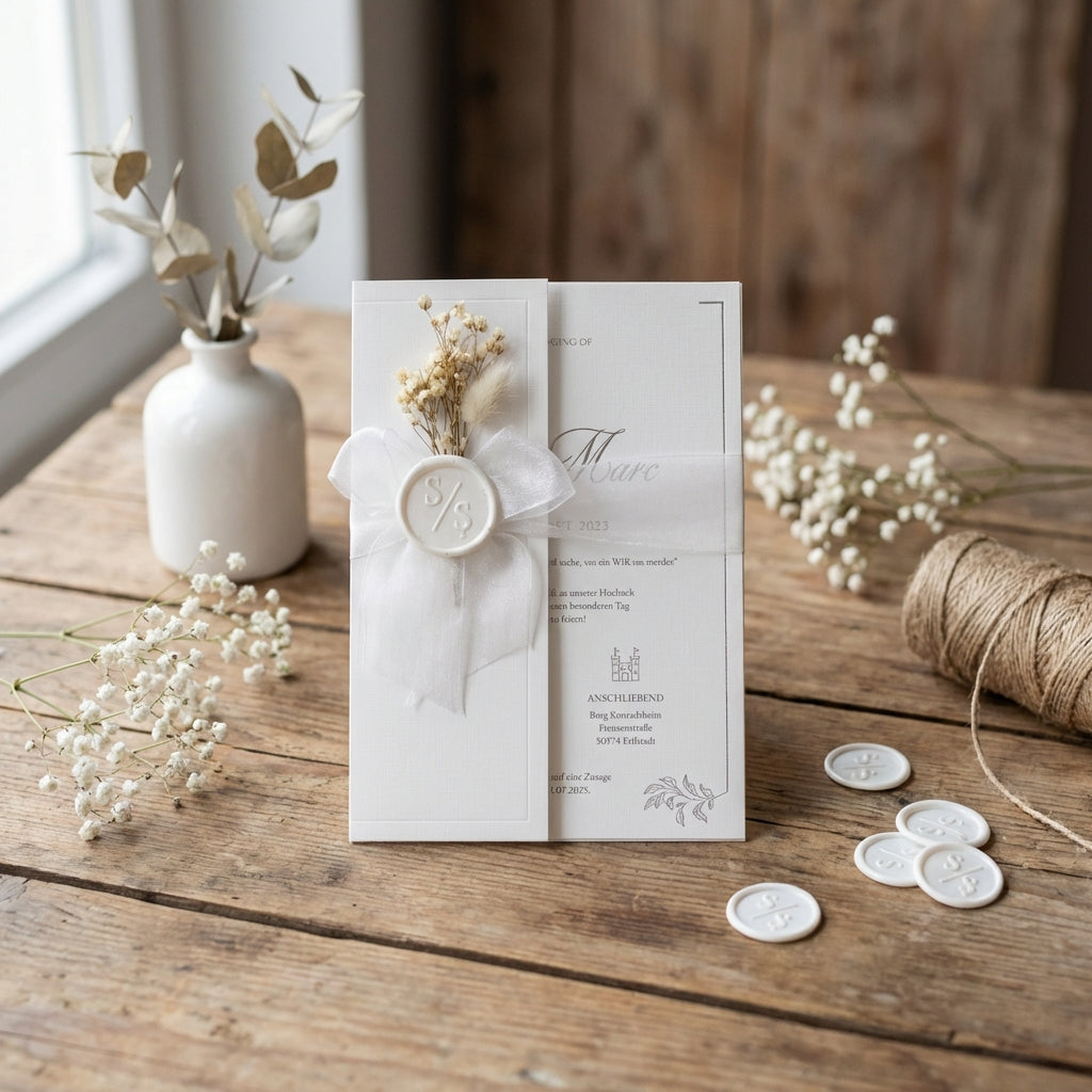 Hochzeitseinladung "Silver White" mit Wachssiegel, Schleife & Trockenblume