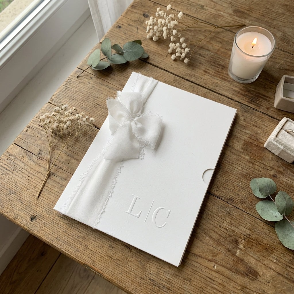 Hochzeitseinladung "Timeless White" | Leinenpapier mit edler Schleife