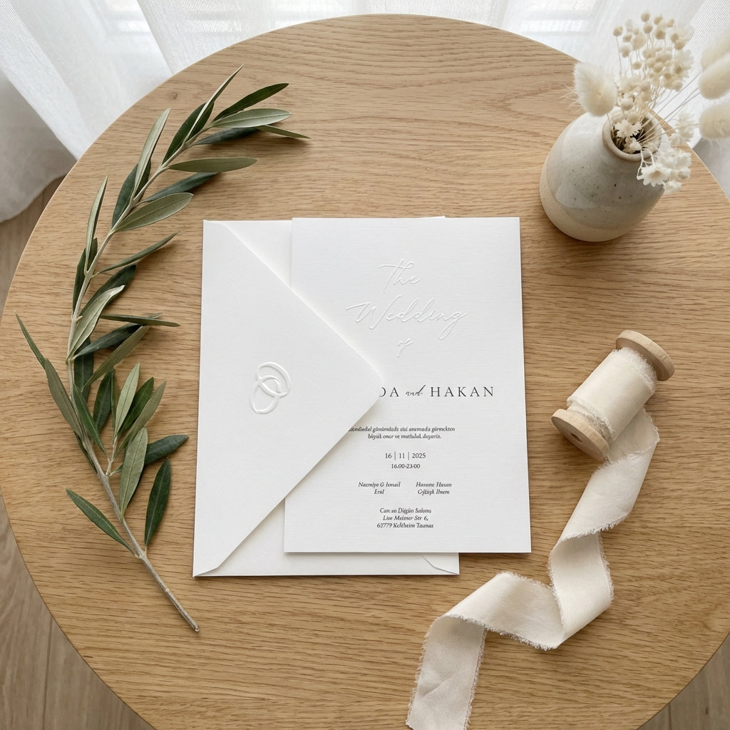 Express-Einladung "The wedding of" | Blindprägung auf Leinenpapier