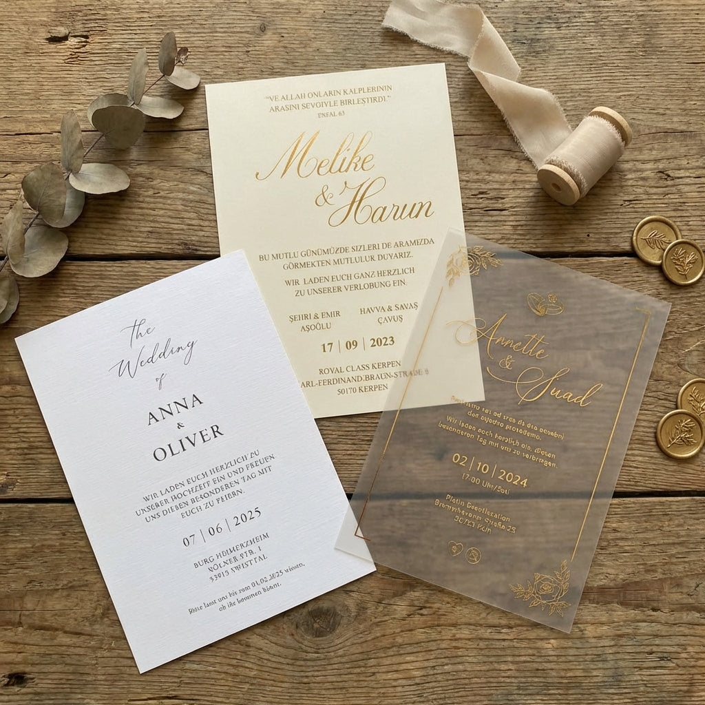 Hochzeitseinladung "Metallic Pearl Ivory" mit Prägung, Schleife & Trockenblume