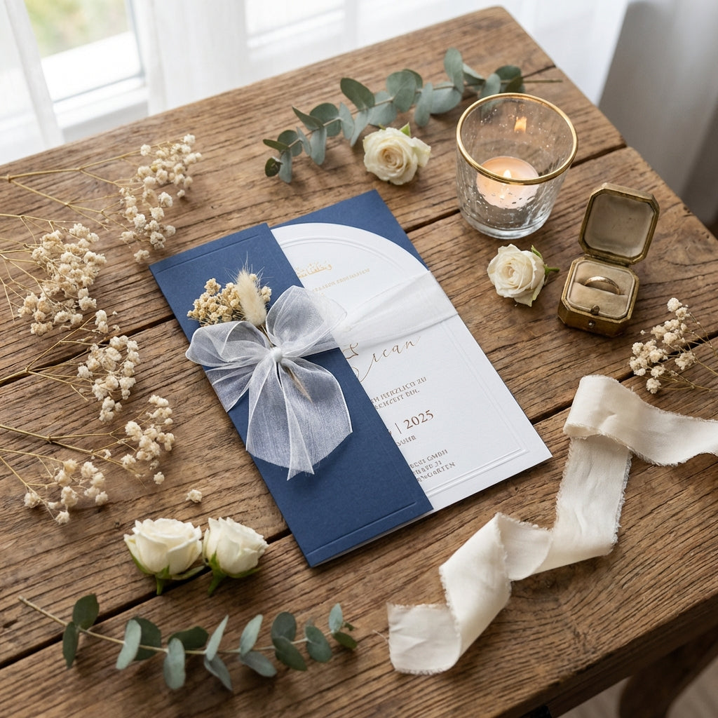 Hochzeitseinladung Dunkelblau mit Schleife und Trockenblume