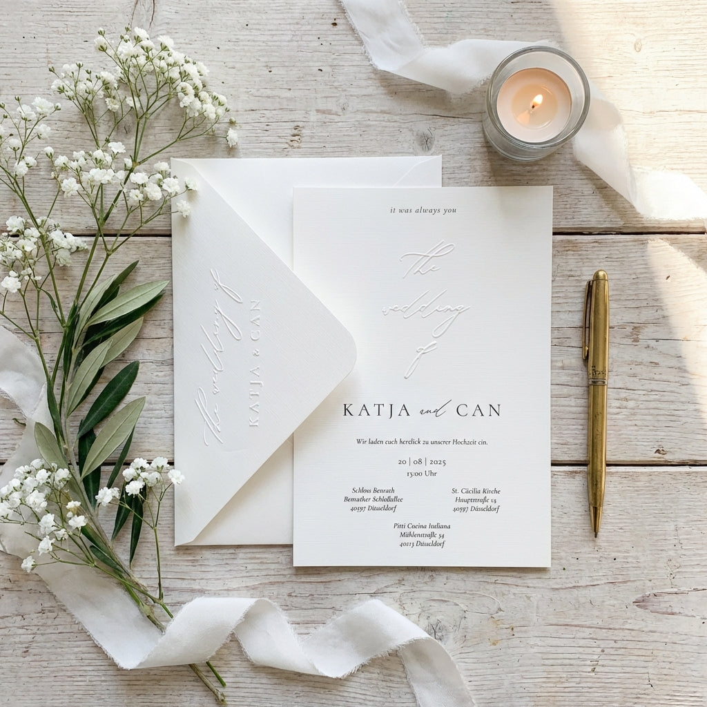 Hochzeitseinladung mit Blindprägung „The Wedding of“