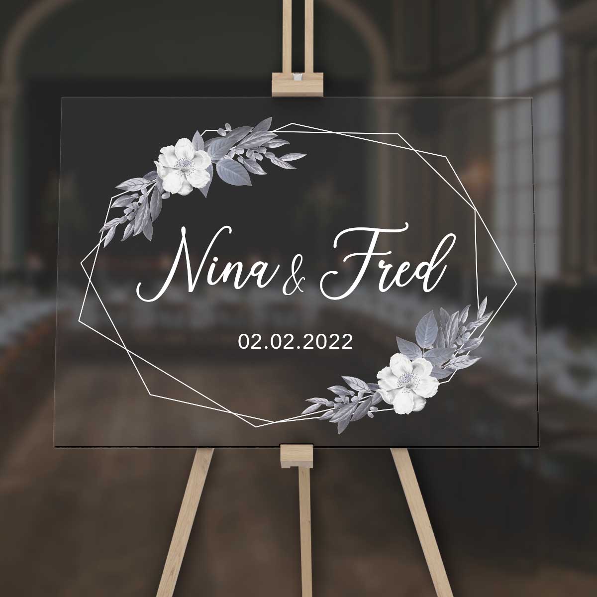 Empfangstafel A1 aus Acrylglas "Gray Flowers" | Individuelles Willkommensschild