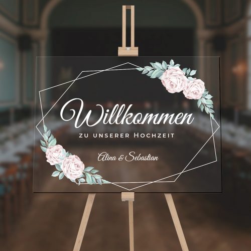 Empfangstafel A1 aus Acrylglas "Pink Roses" | Individuelles Willkommensschild