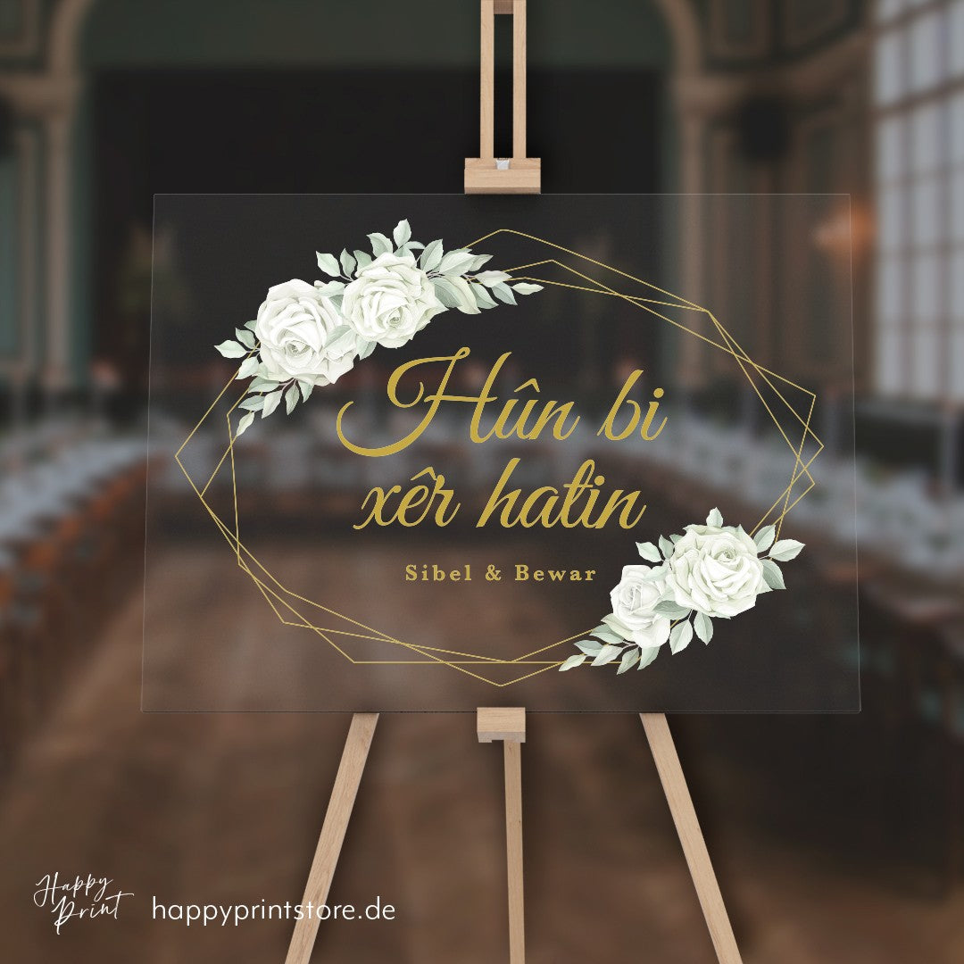 Empfangstafel A1 aus Acrylglas "Hûn bi xêr hatin" | Individuelles Willkommensschild