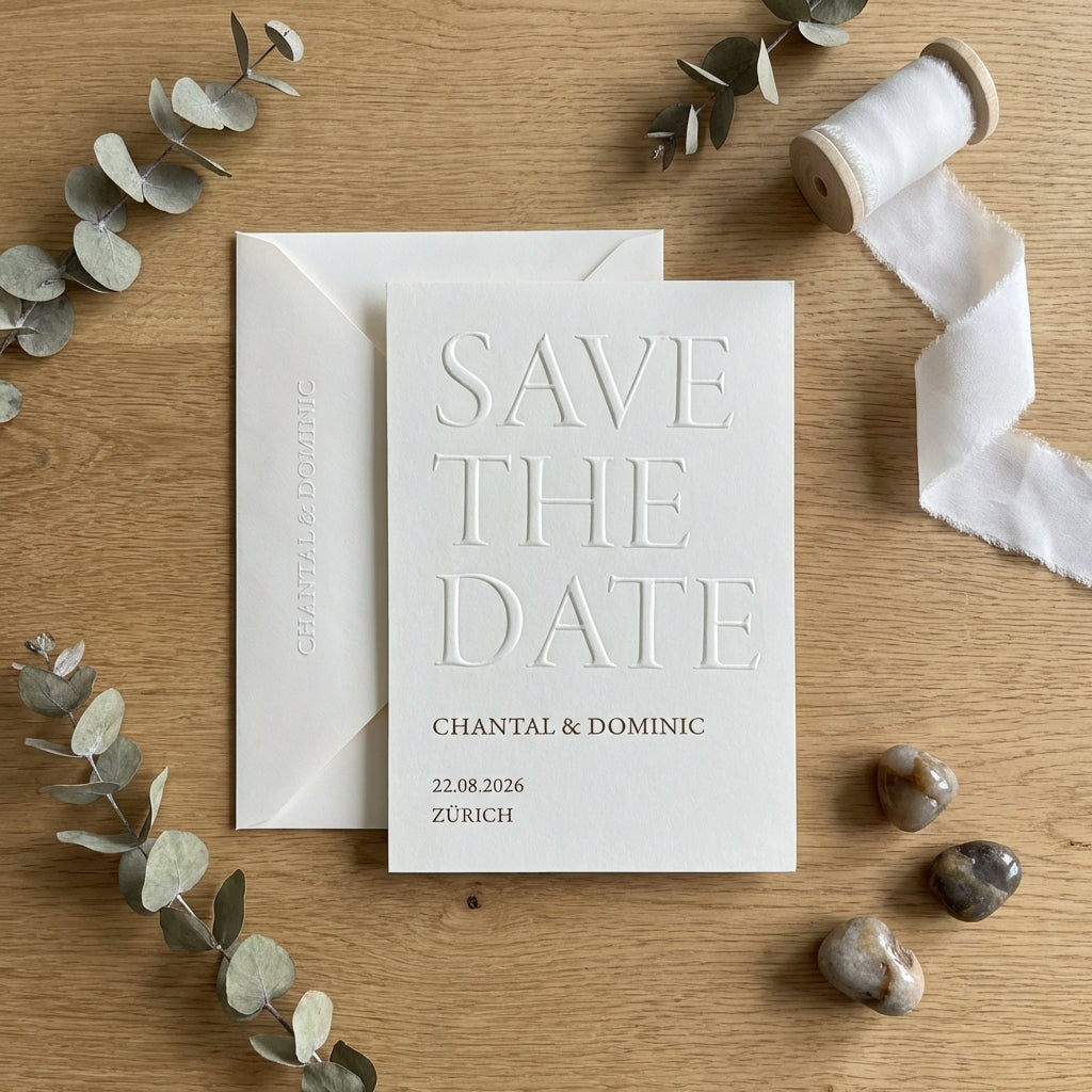 Hochzeitseinladung "Ivory Signature" mit Blindprägung