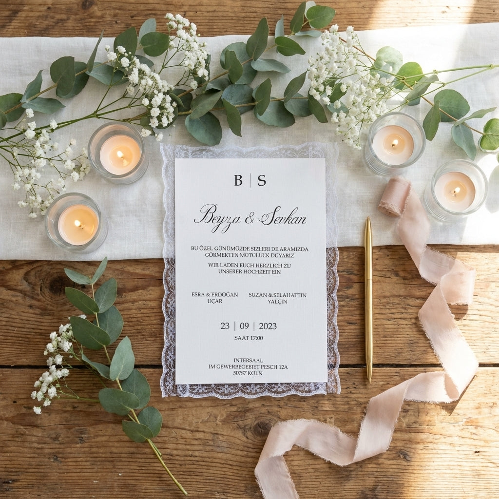 Hochzeitseinladung "Lace & Love" mit Prägung