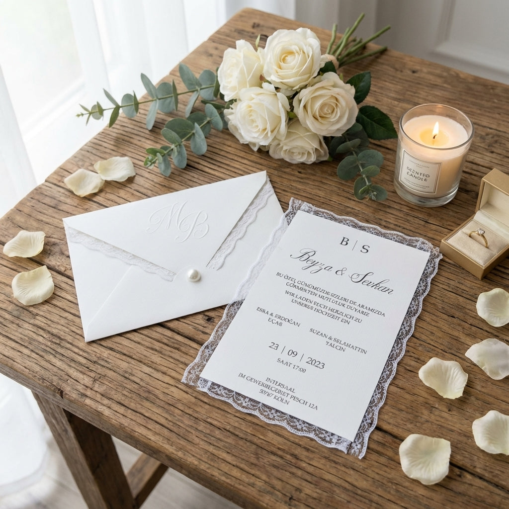 Hochzeitseinladung "Lace & Love" mit Prägung