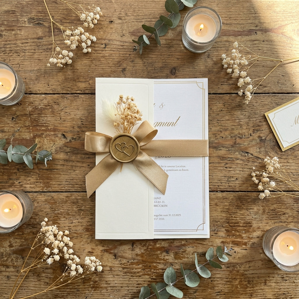 Express-Einladung "Beige Satin" | Goldprägung auf Leinenpapier mit Kuvert