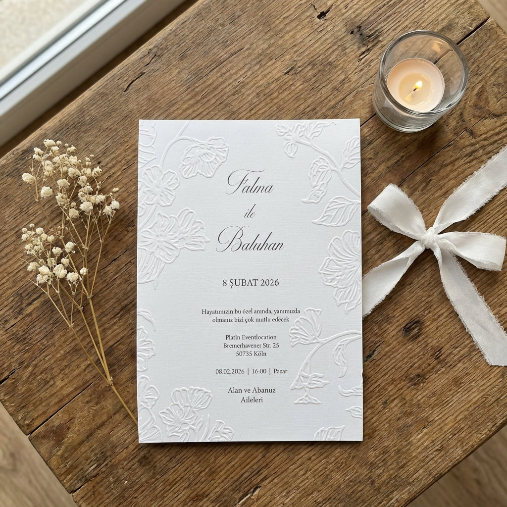 Hochwertige Einladungskarte | Edles Leinenpapier mit Blumen Blindprägung