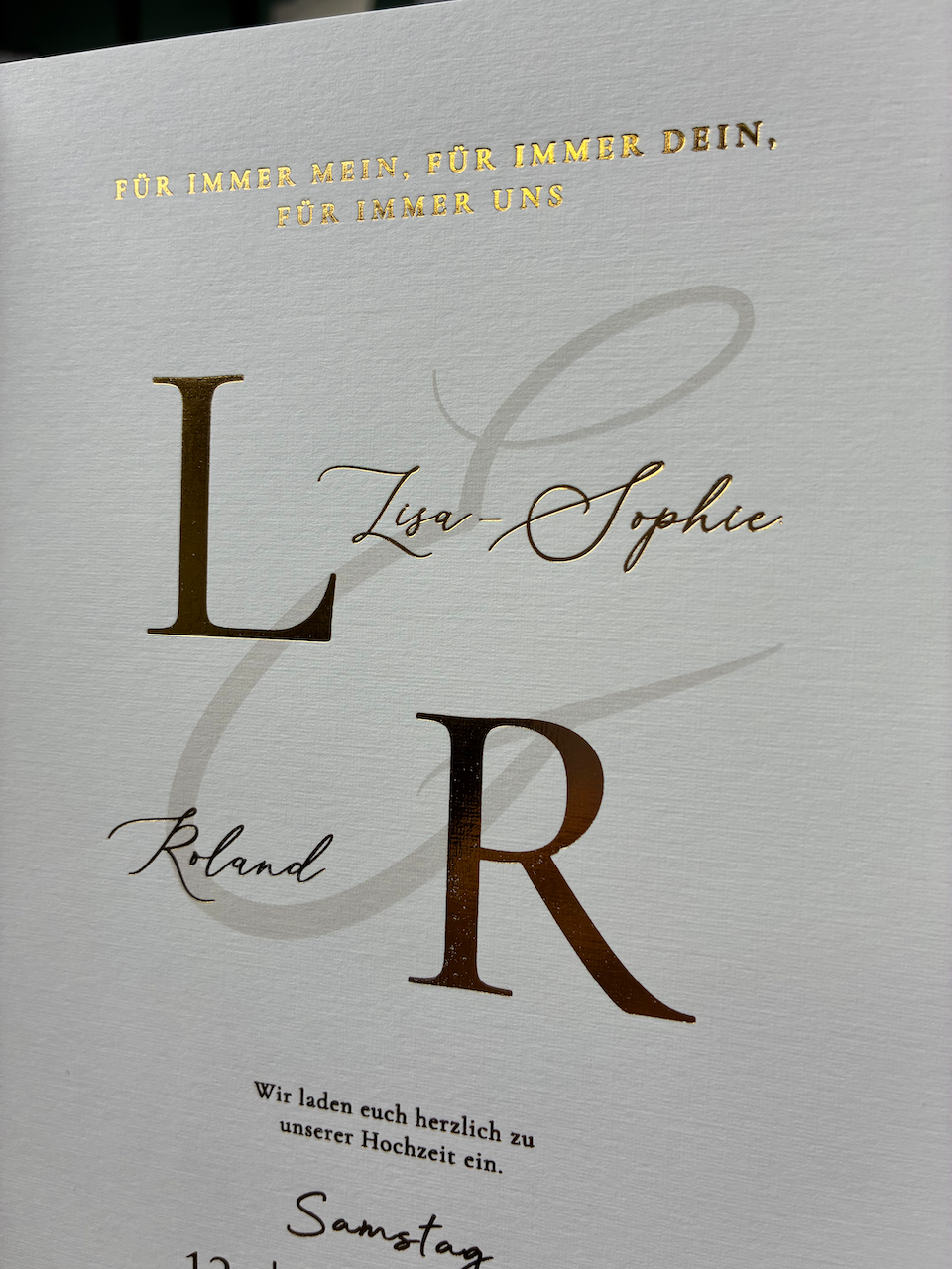 Einladung Blindprägung und Goldprägung mit Schleife