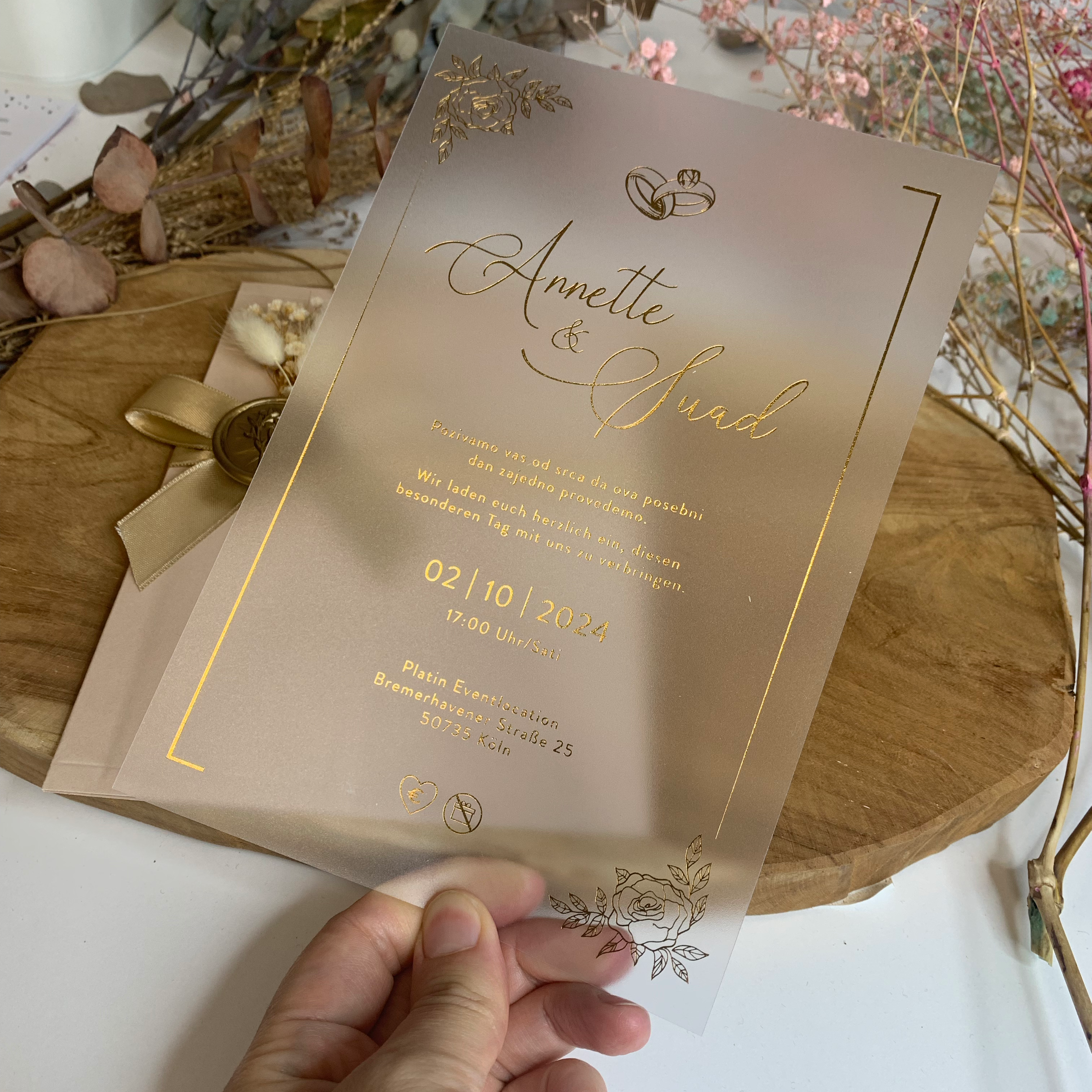 Hochzeitseinladung Rose mit Wachssiegel und Trockenblume