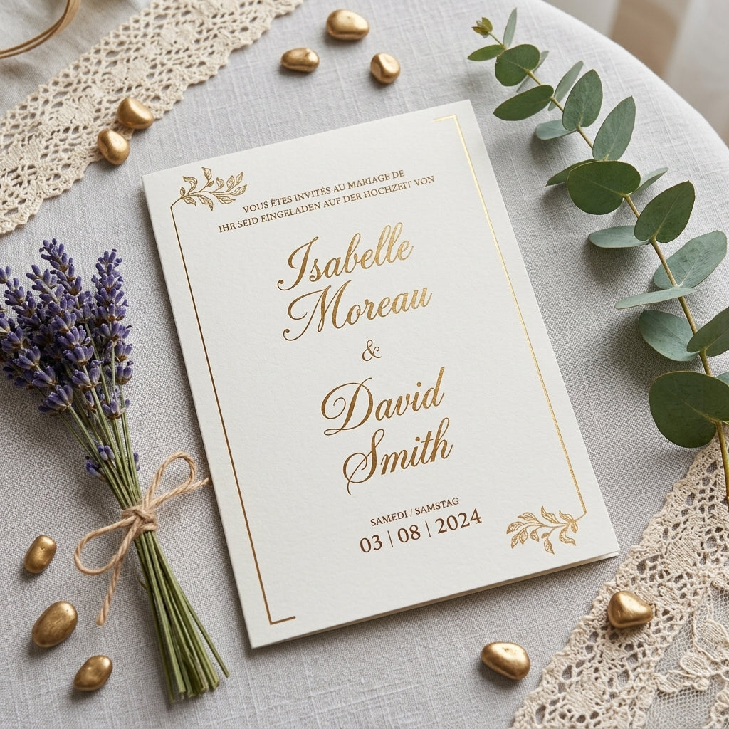 Hochzeitseinladung | Klappkarte Golden Line mit Goldprägung