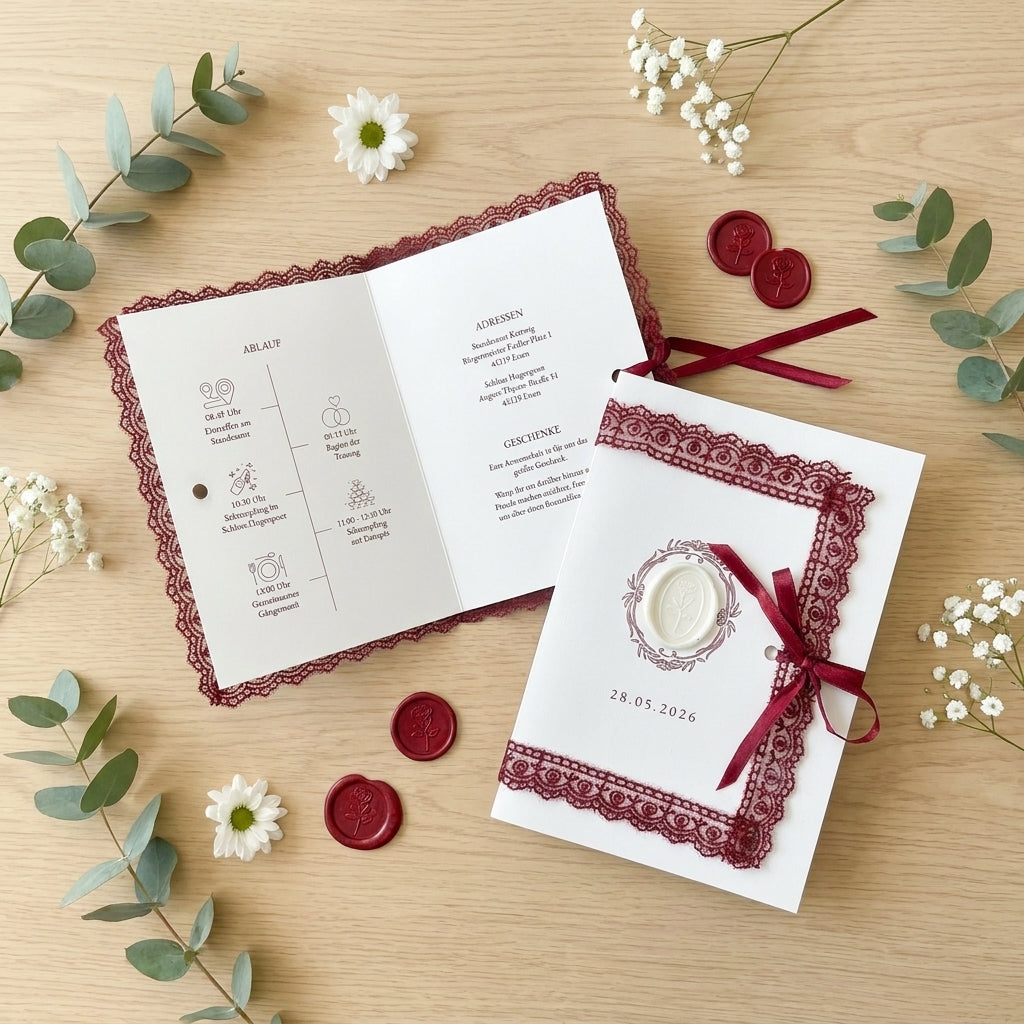 Express-Einladung | Edles Leinenpapier mit hochwertiger Roter Spitze