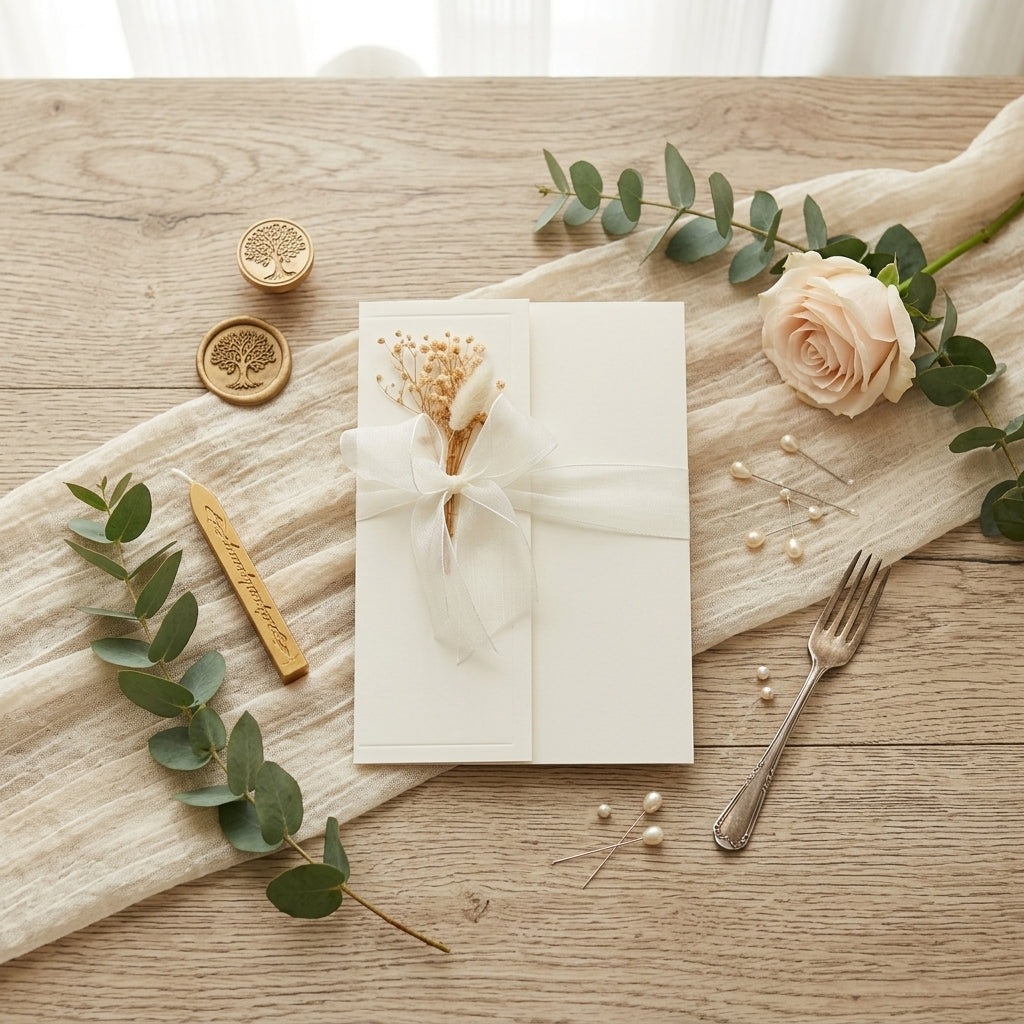 Kuvert | Beige | mit Chiffonband & Blume | 14x20 cm | Hochwertig