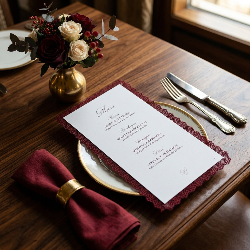 Elegante Menükarte mit Roter Spitze | Edles Papier im Dinlang Format