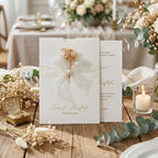 Hochzeitseinladung "Soft Pearl" mit Perle, Schleife und Trockenblume