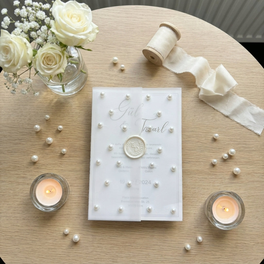 Hochzeitseinladung "Pearl Luxe" mit Wachssiegel und Perlen