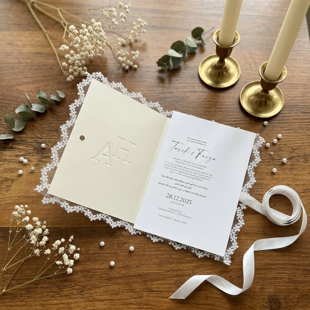 Hochzeitseinladung "White Laces" mit Blindprägung