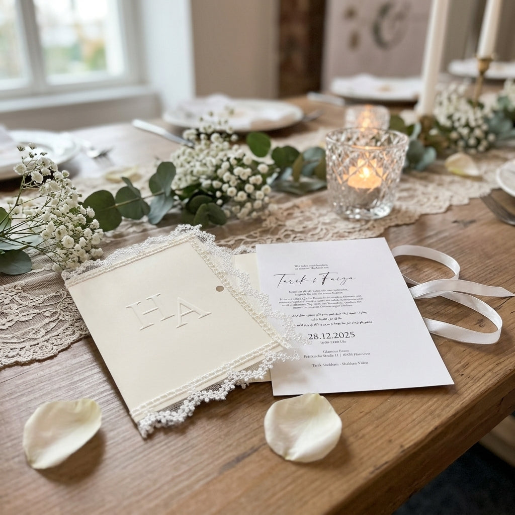 Hochzeitseinladung "White Laces" mit Blindprägung