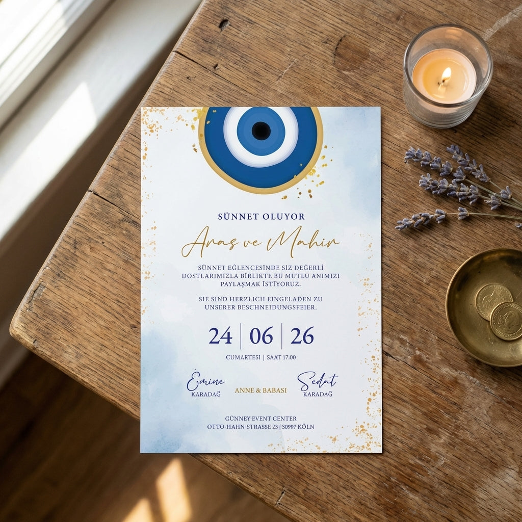 Hochwertige Einladungskarte | Edles Leinenpapier "Aquarell Blue"