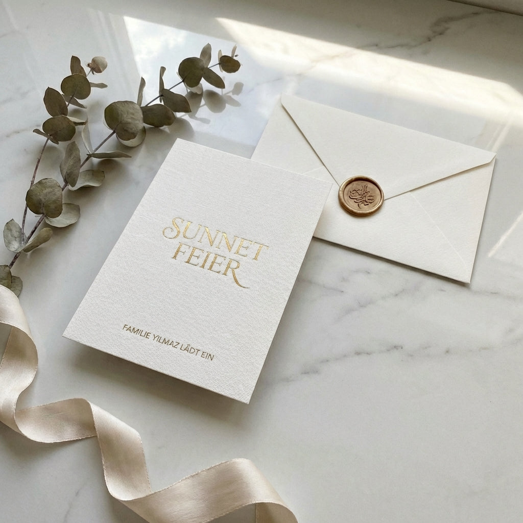 Hochwertige Einladungskarte | Edles Leinenpapier "Sünnet Royal Gold"