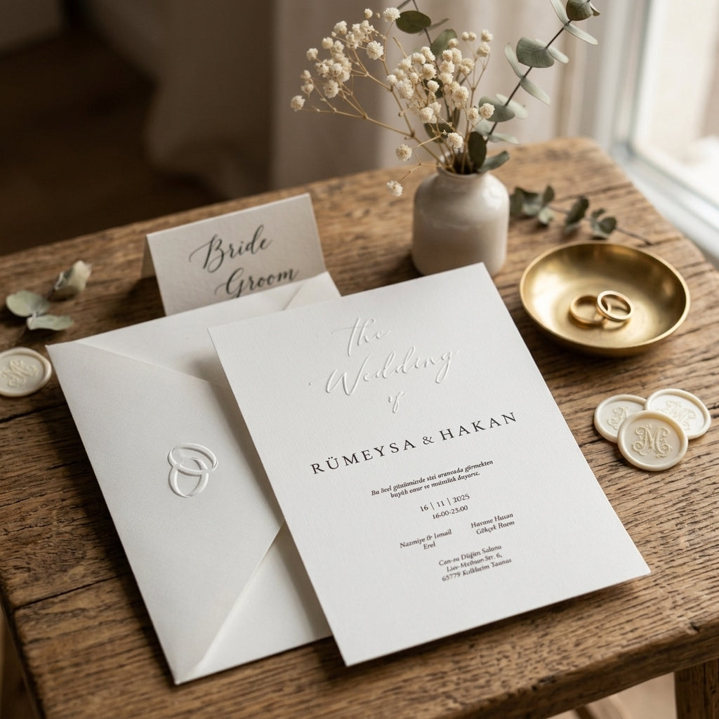 Express-Einladung "The Wedding of" | Blindprägung auf Leinenpapier
