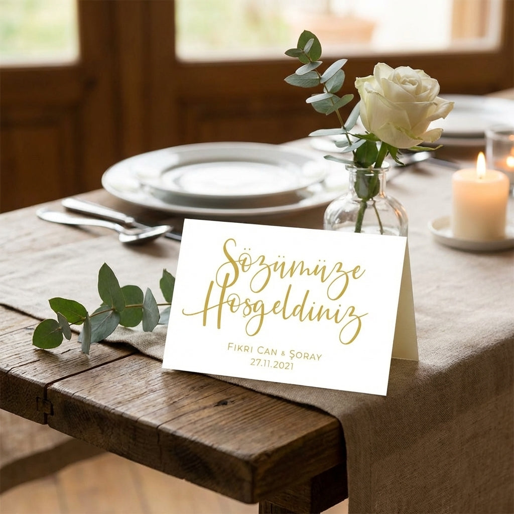 Elegante Tischkarten 100er Set | Edles Leinenpapier im Klappkarten Format "Sözümüz söz"
