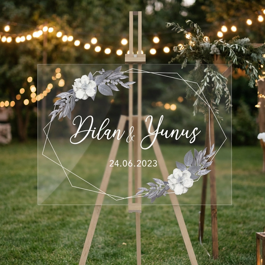 Empfangstafel A1 Acrylglas Grey Flowers Hochzeit | Willkommensschild