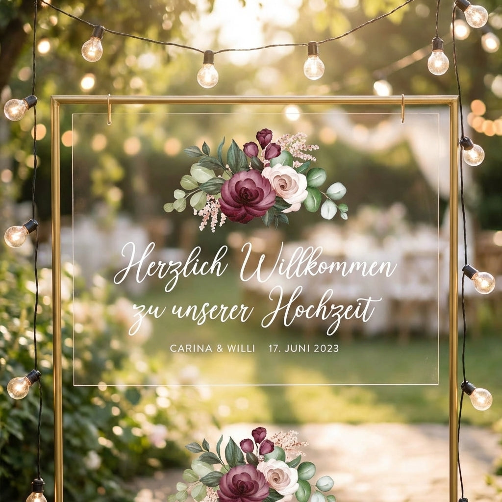 Empfangstafel A1 aus Acrylglas "Roses" | Individuelles Willkommensschild