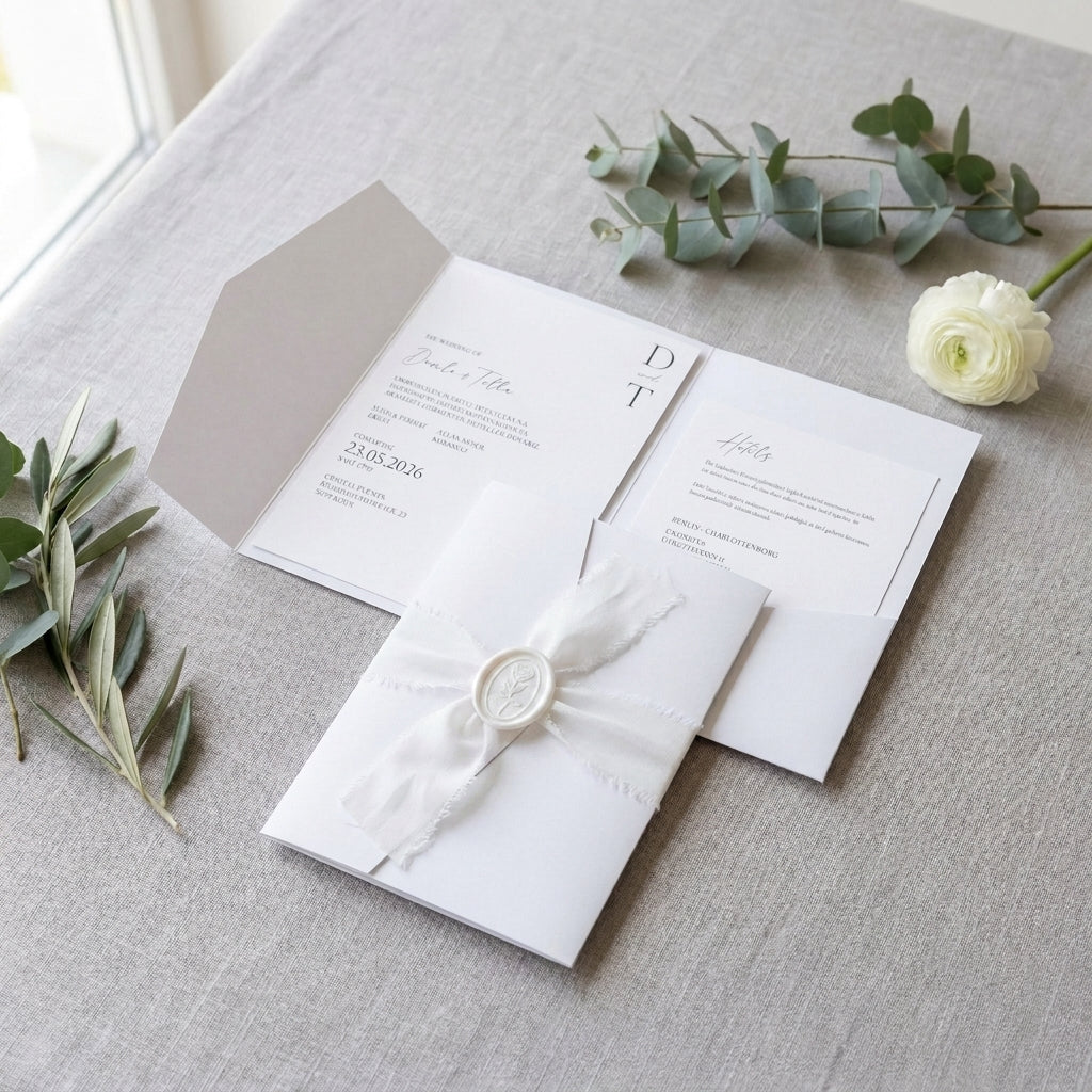 Expresskarte - Hochzeitseinladung Pocketfold "White Rose" - Set mit Schleife und Wachssiegel