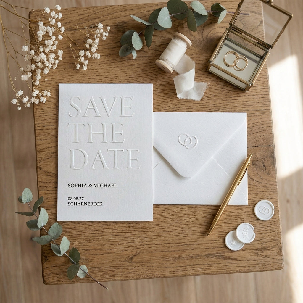 Express-Einladung "Save the Date" | Blindprägung auf Leinenpapier mit Kuvert