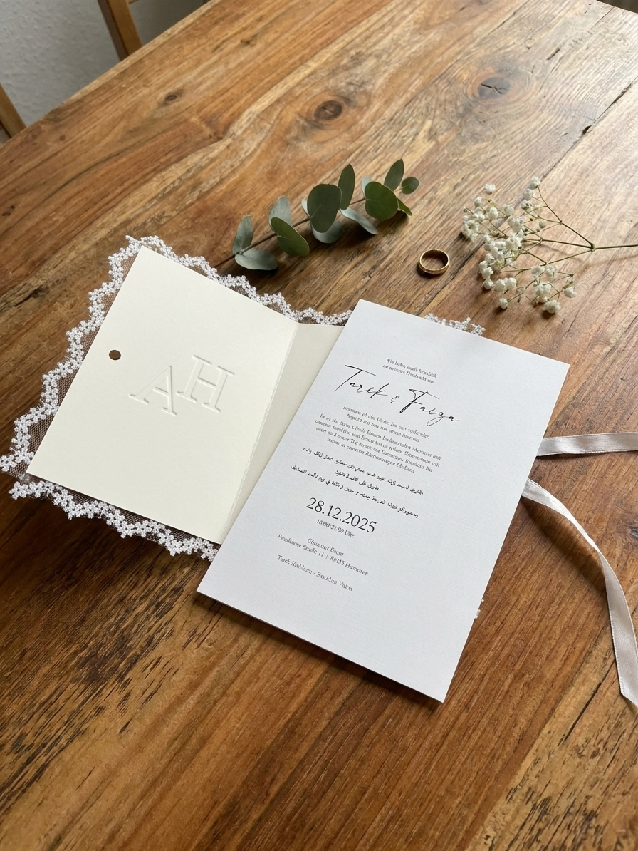 Hochzeitseinladung "White Laces" mit Blindprägung