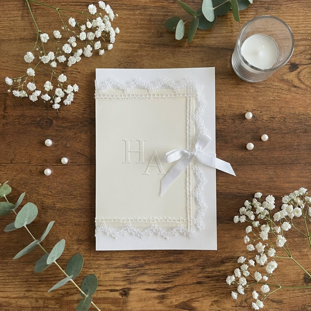 Hochzeitseinladung "White Laces" mit Blindprägung